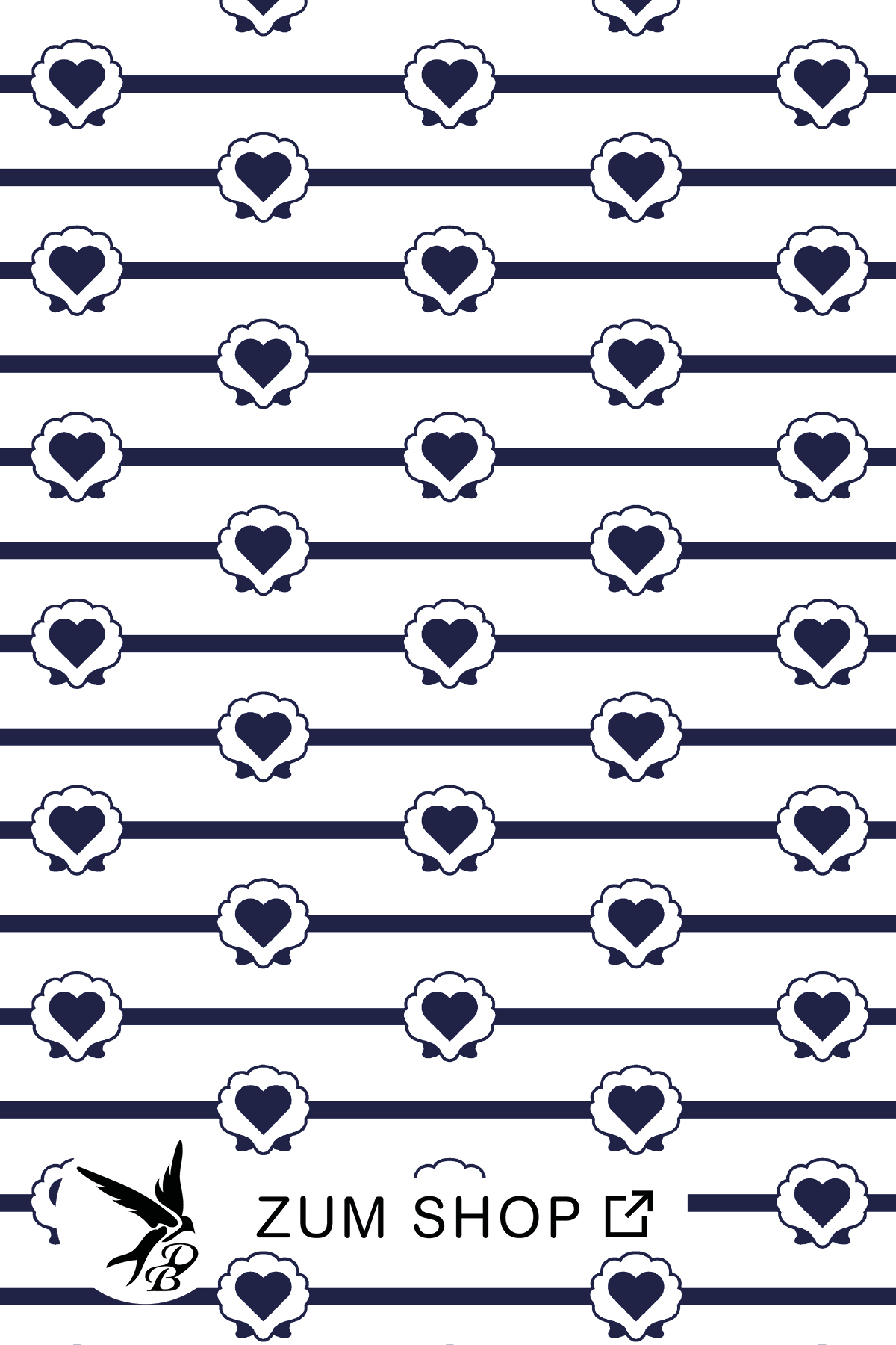 Stoffdesign mit Muscheln und Herzen in den Farben Blau und Weiss