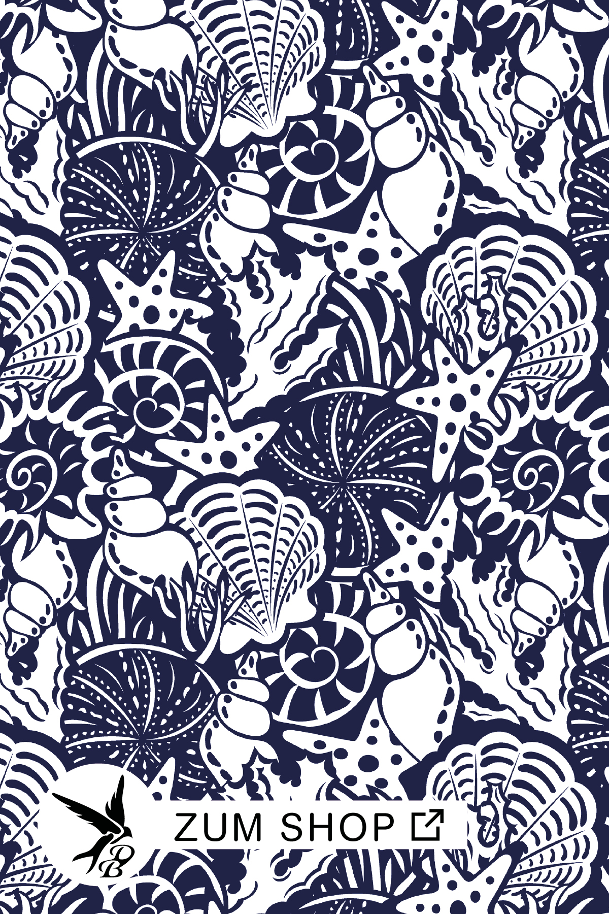 Stoffdesign mit Muscheln und Seesternen in den Farben Blau und Weiss