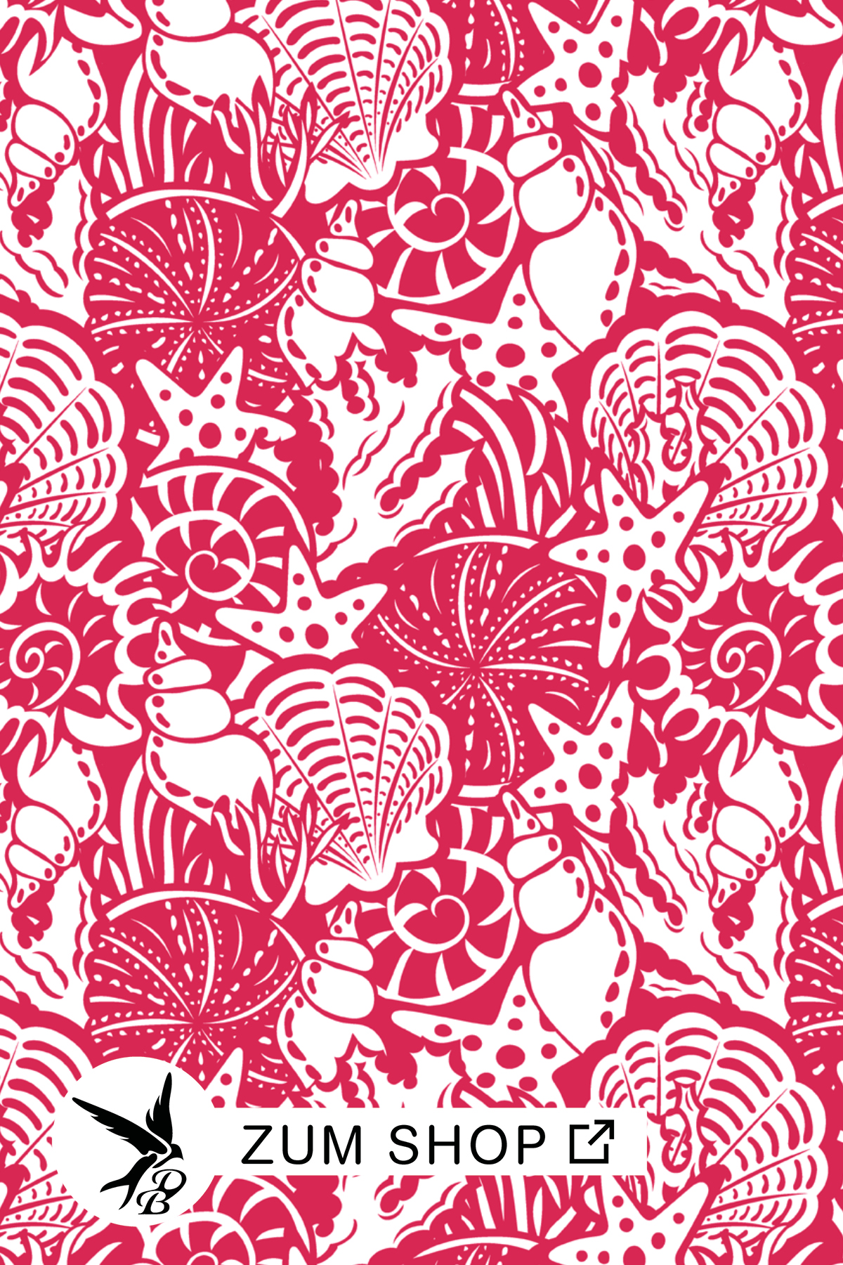 Stoffdesign mit Muscheln und Seesternen in den Farben Rot und Weiss