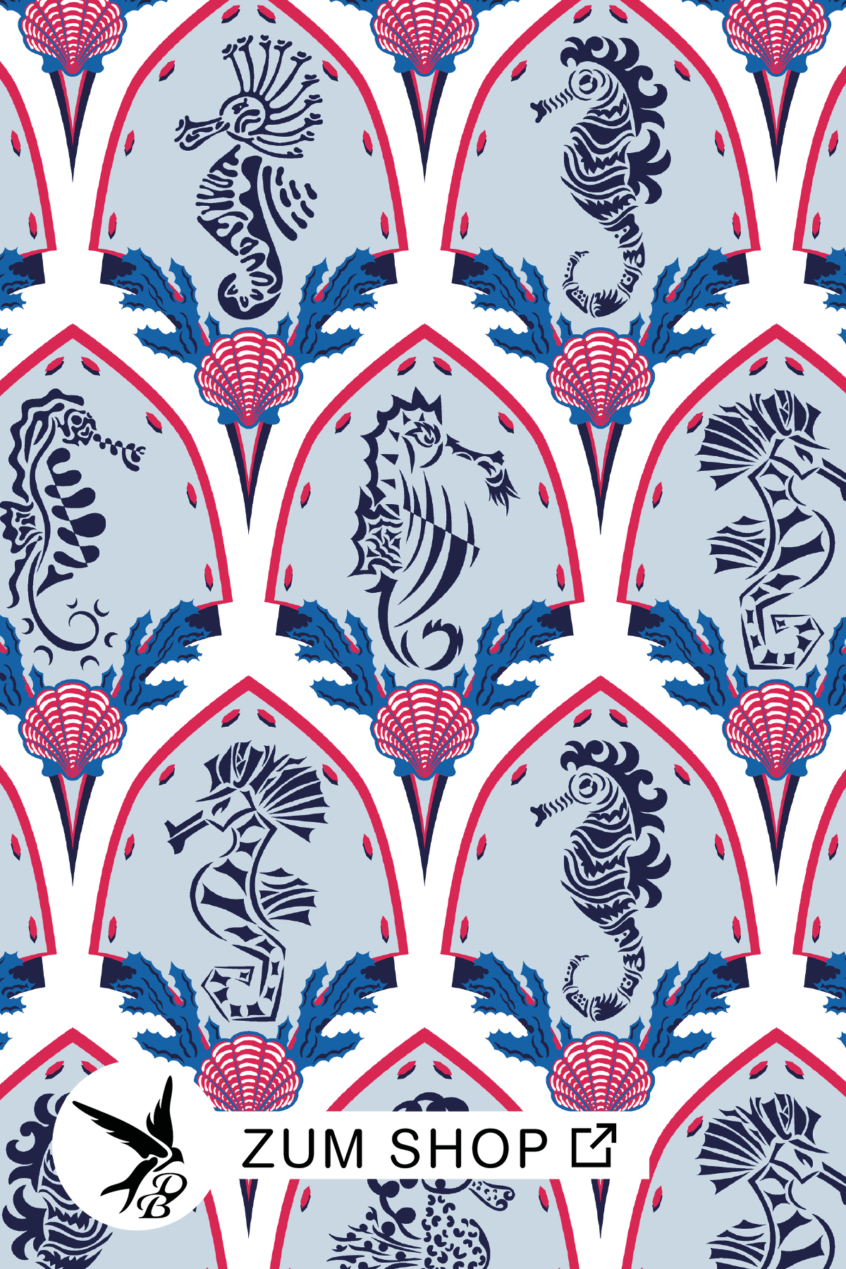 Stoffdesign mit Seepferdchen in den Farben Rot, Blau und Weiss