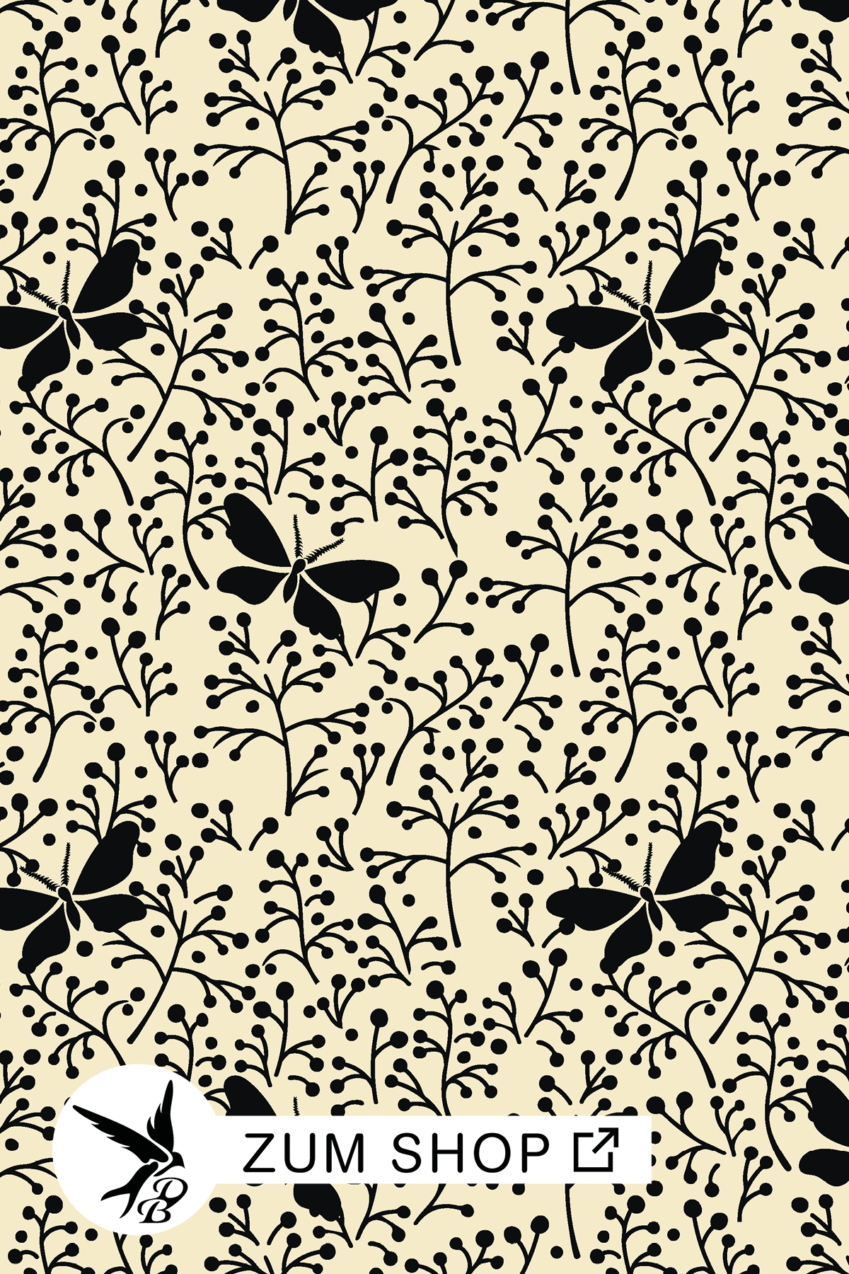 Stoffdesign für den Herbst mit Motten und Zweigen in den Farben Cream und Schwarz