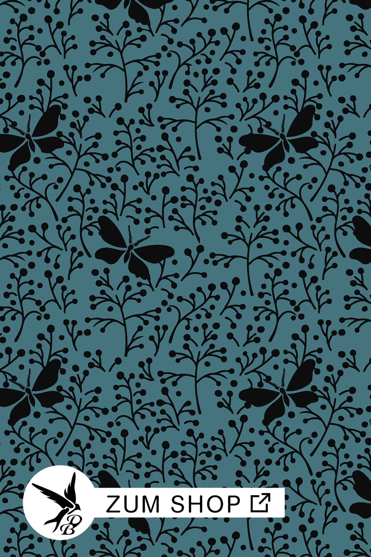 Stoffdesign für den Herbst mit Motten und Zweigen in den Farben Petroleum und Schwarz