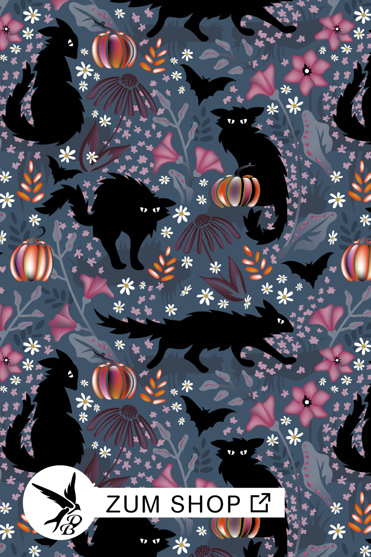 Stoffdesign mit schlecht gelaunten schwarzen Katzen zu Halloween