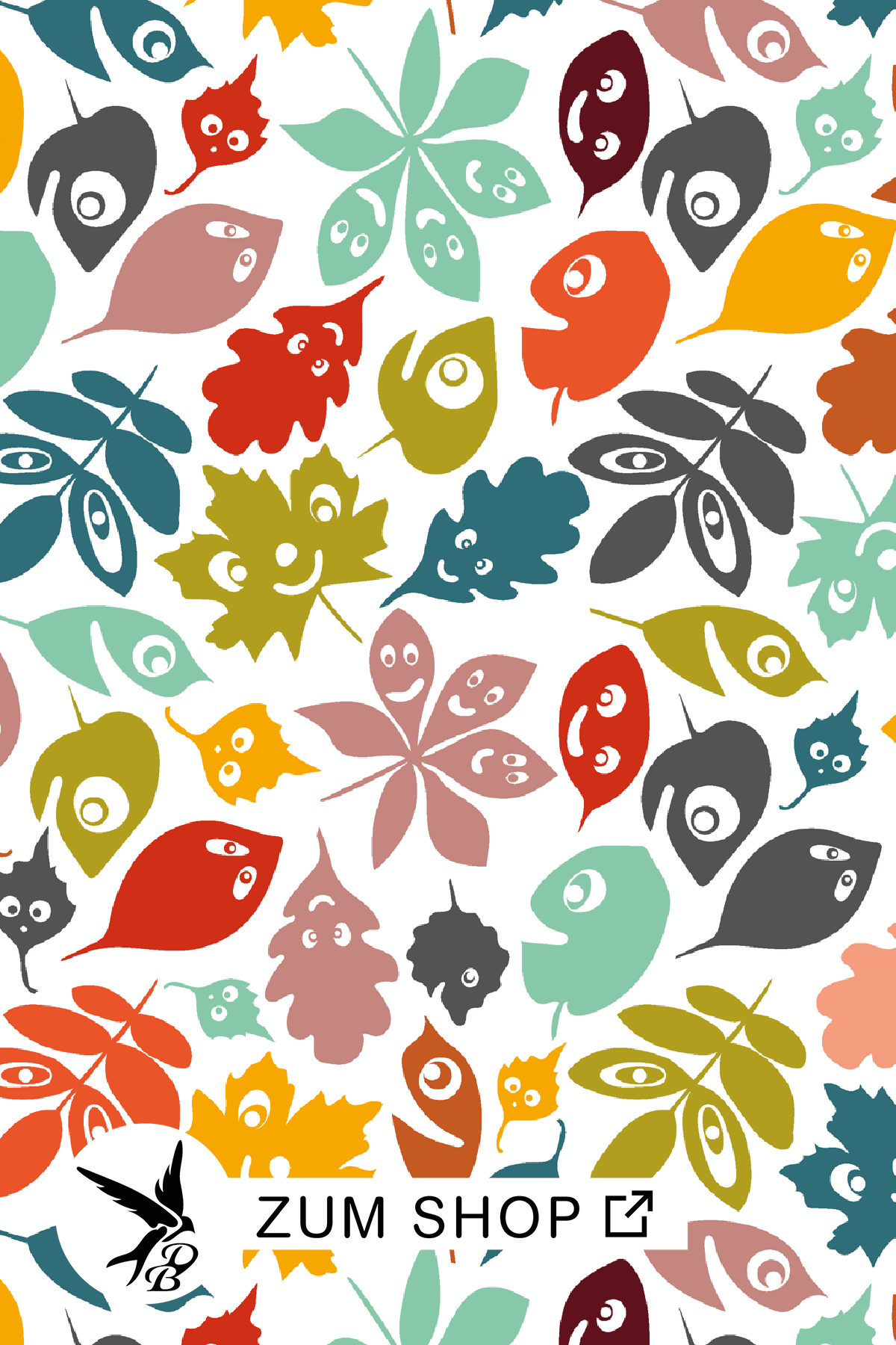 Stoffdesign mit farbenfrohen Blättern und lustigen Gesichtern zum Nähen für den Herbst