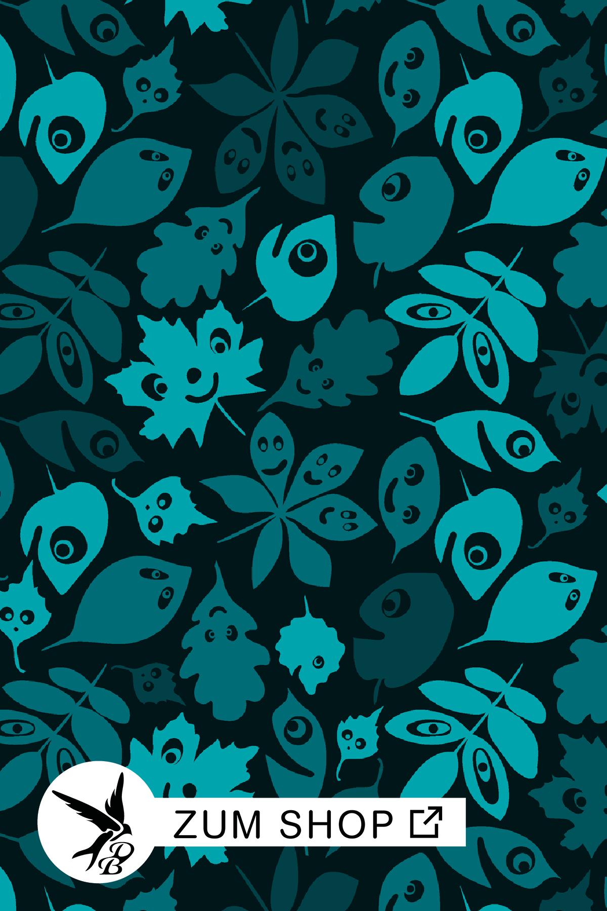 Stoffdesign mit petrolfarbenen Blättern und lustigen Gesichtern zum Nähen für den Herbst