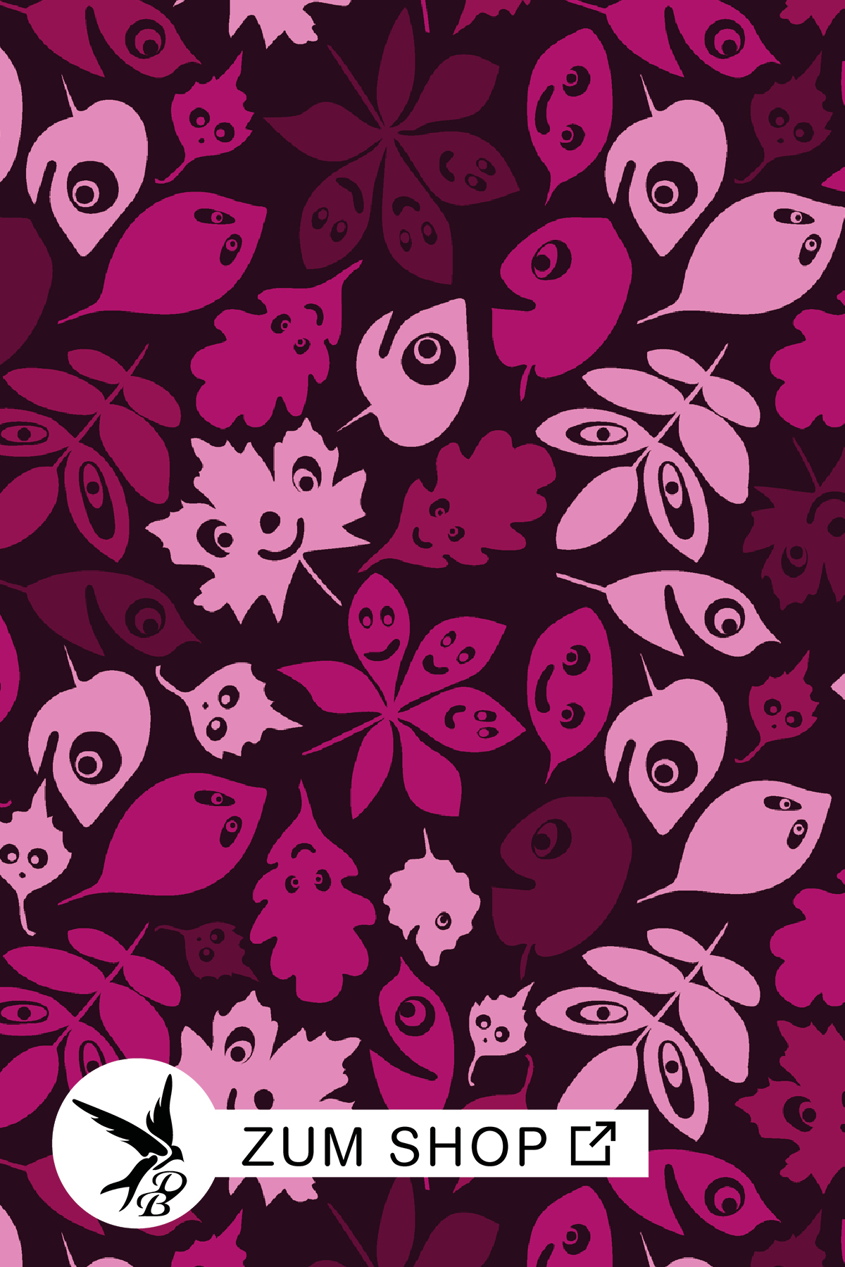 Stoffdesign mit pinkfarbenen Blättern und lustigen Gesichtern zum Nähen für den Herbst