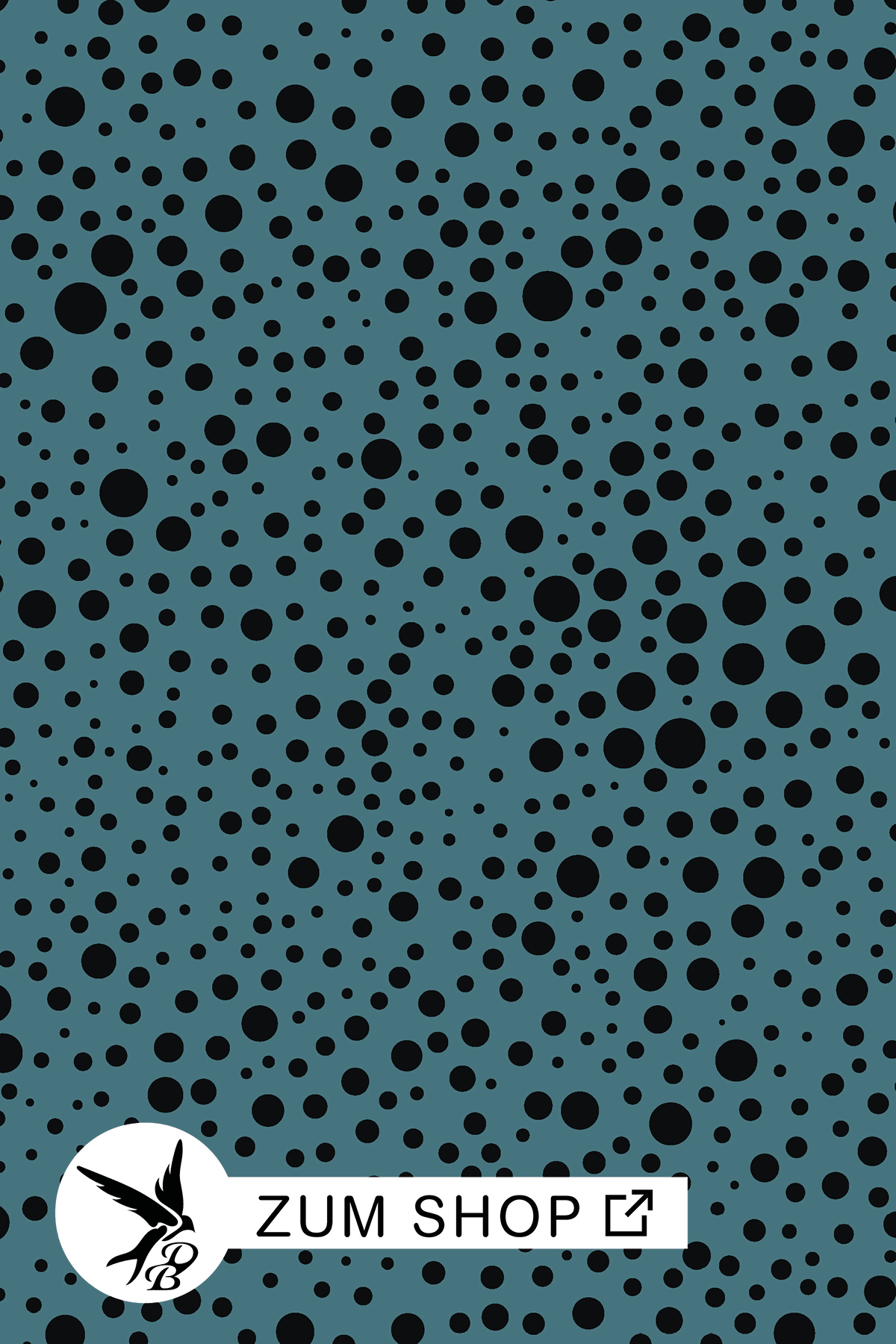 Stoffdesign mit Punkten in den Farben Petrol und Schwarz