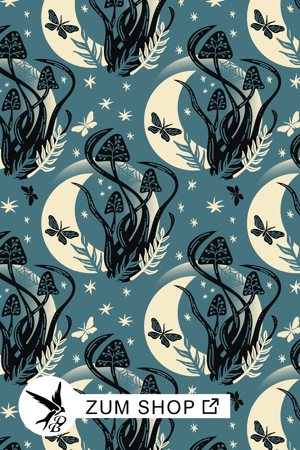 Stoffdesign mit Monden, Pilzen, Motten und Pflanzen in den Farben Cream, Schwarz und Petroleum