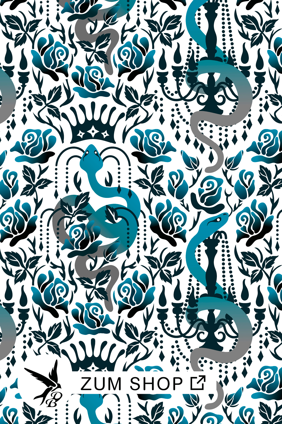 Stoffkollektion Queen of the Snake by Daniela Bonn. Stoffkollektion mit Schlangen, Kronen, Kronleuchtern und Rosen als Motive in den Farben Blau, Grau, Schwarz und Weiss