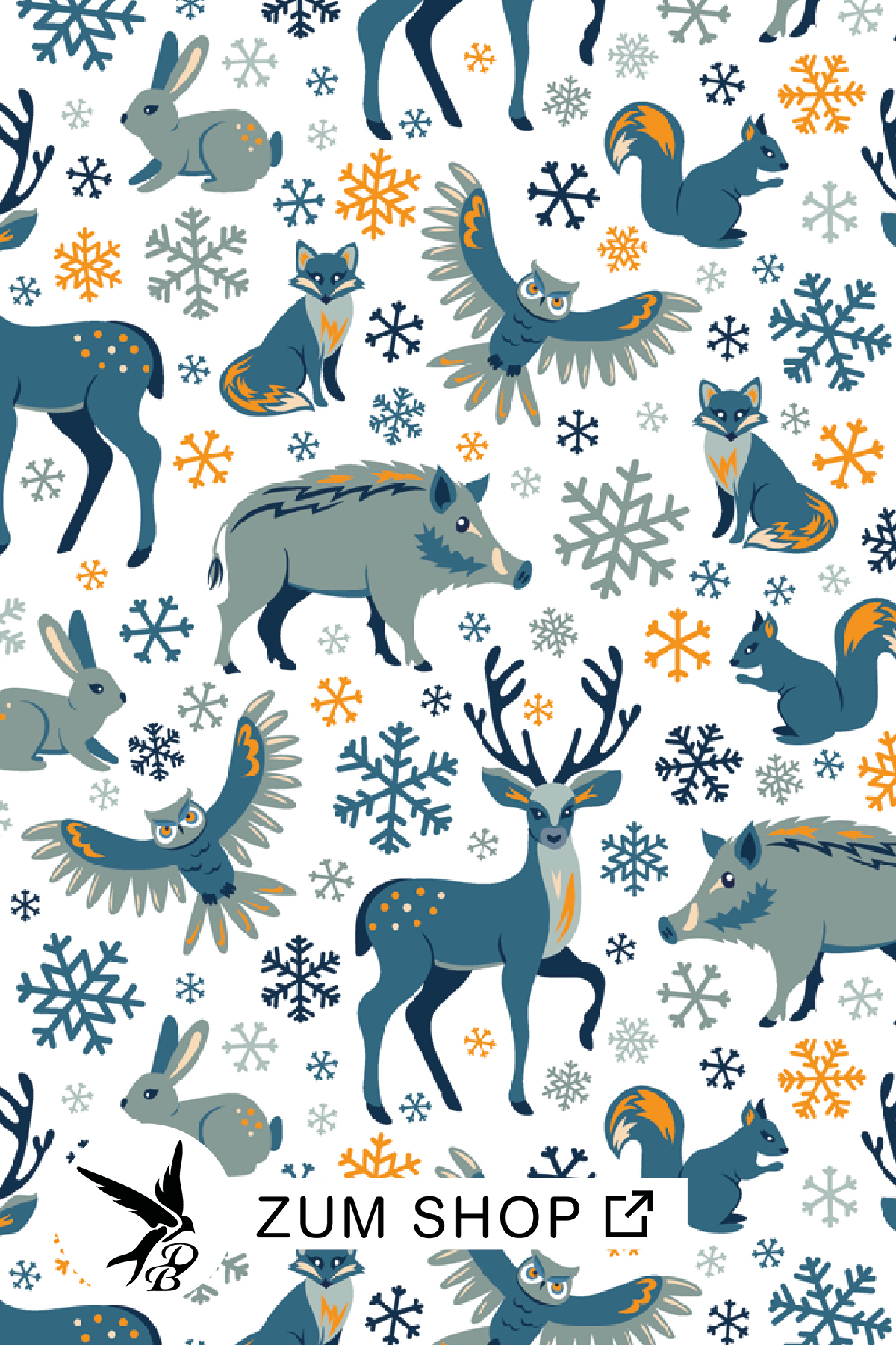 Stoffkollektion Waldtiere im Winter mit Wildschwein, Eule, Reh, Hase und Eichhörnchen als Motiv mit winterlicher Waldlandschaft und Schneeflocken.