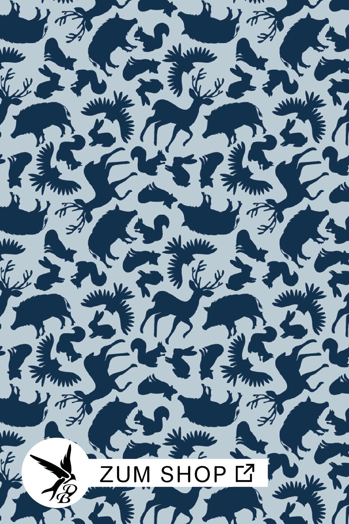 Schatten von den Tieren: Reh, Eule, Hase, Wildschwein, Fuchs und Kaninchen in der Farbe Blau.