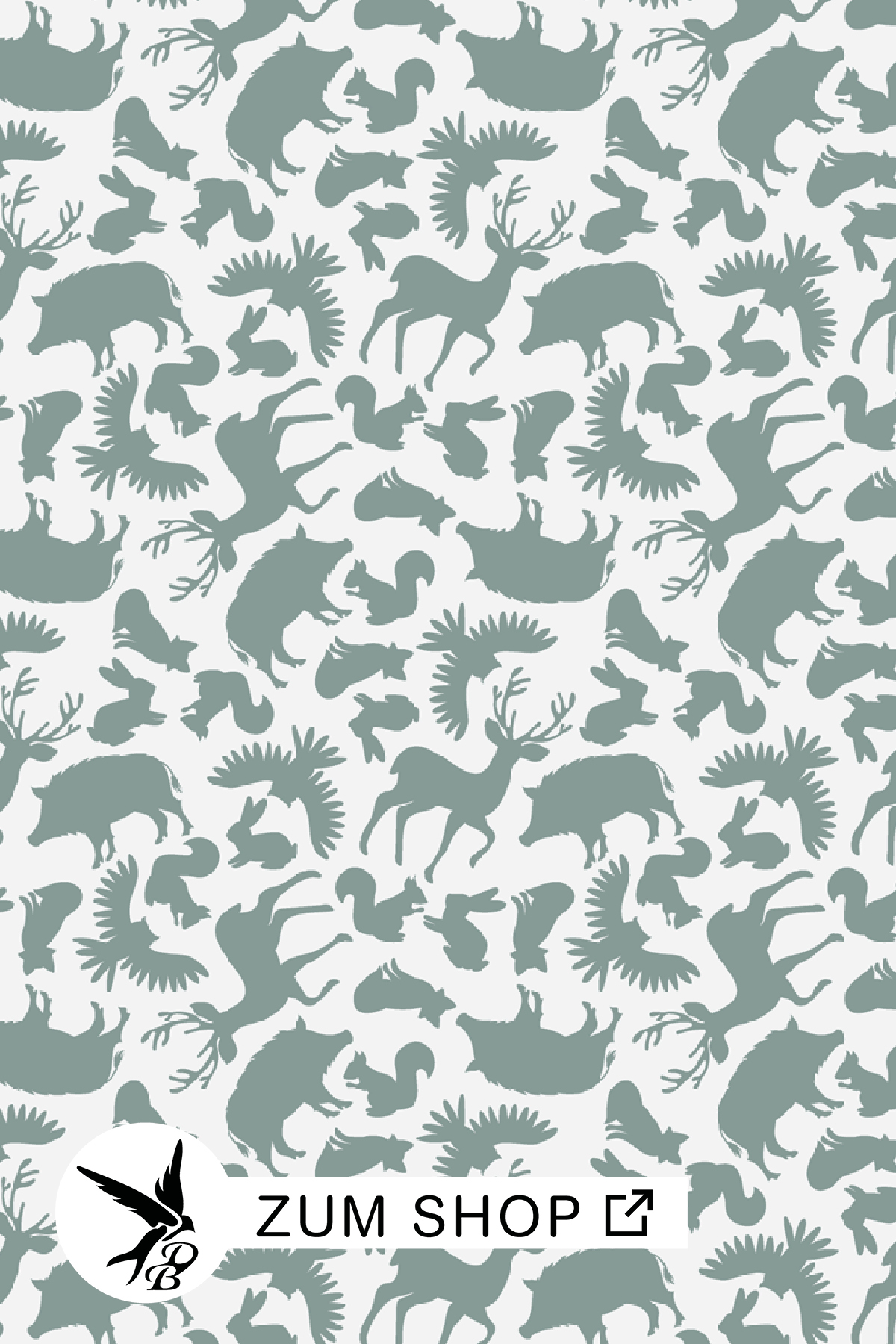 Schatten von den Tieren: Reh, Eule, Hase, Wildschwein, Fuchs und Kaninchen in der Farbe Mint.