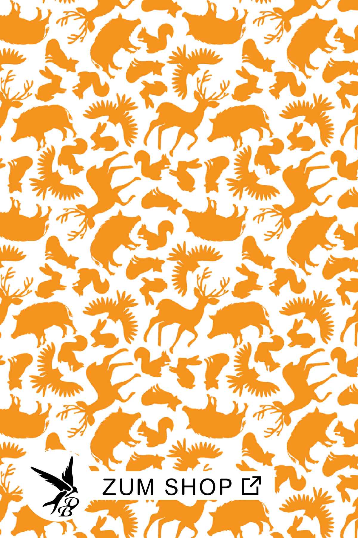 Schatten von den Tieren: Reh, Eule, Hase, Wildschwein, Fuchs und Kaninchen in der Farbe Orange.