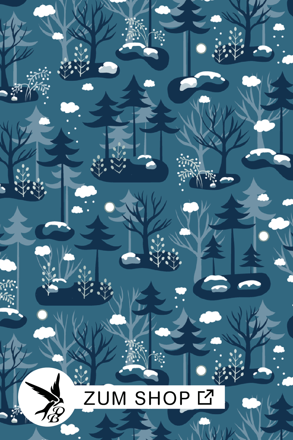 Stoff zum Nähen mit einer Winterlandschaft, kahlen Bäumen und Wolken in den Farben  Blau und Weiss.