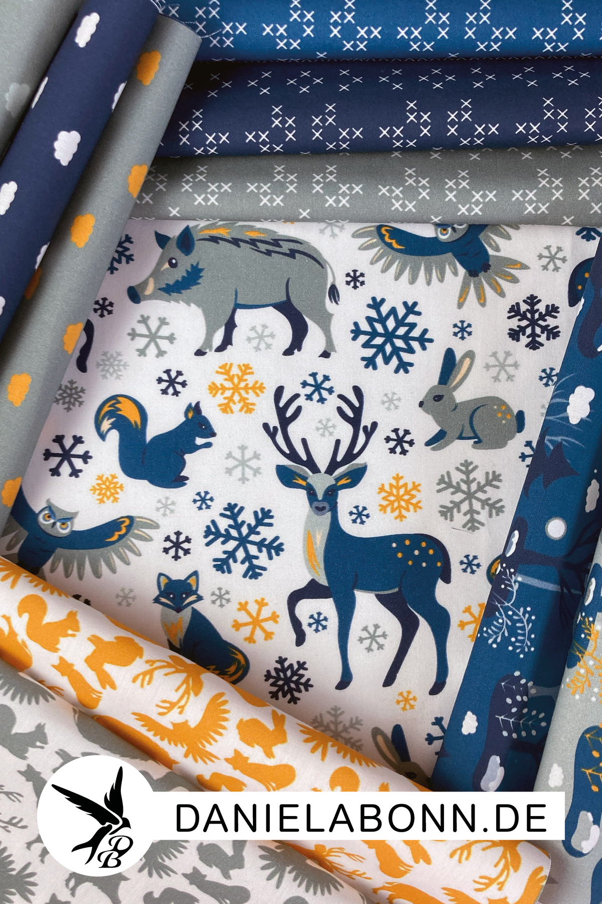 Stoffkollektion Waldtiere im Winter gedruckt auf Baumwolle/ Webware