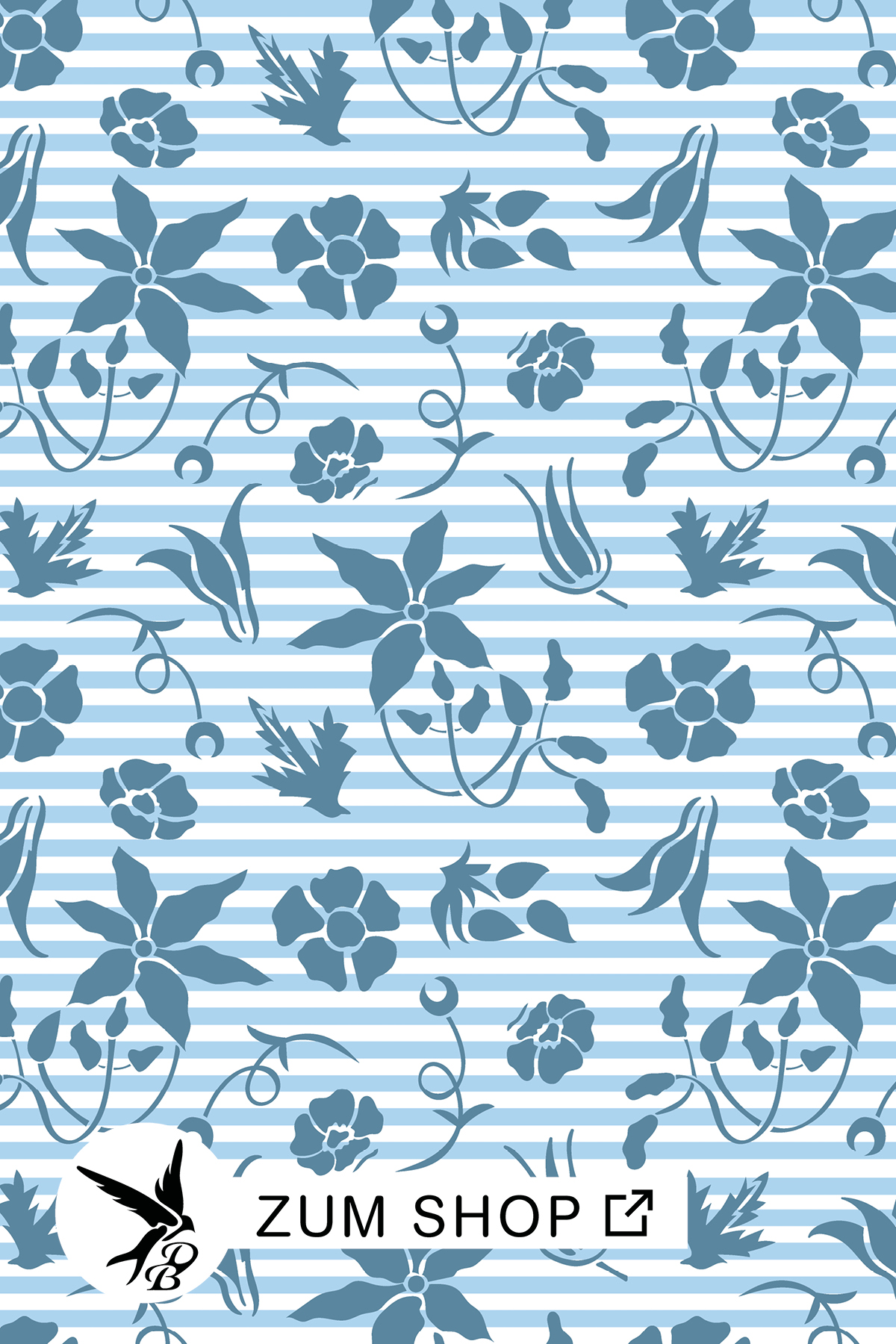 Stoff mit Streifen und Blüten als Muster in den Pastellfarben in Blau und Weiss