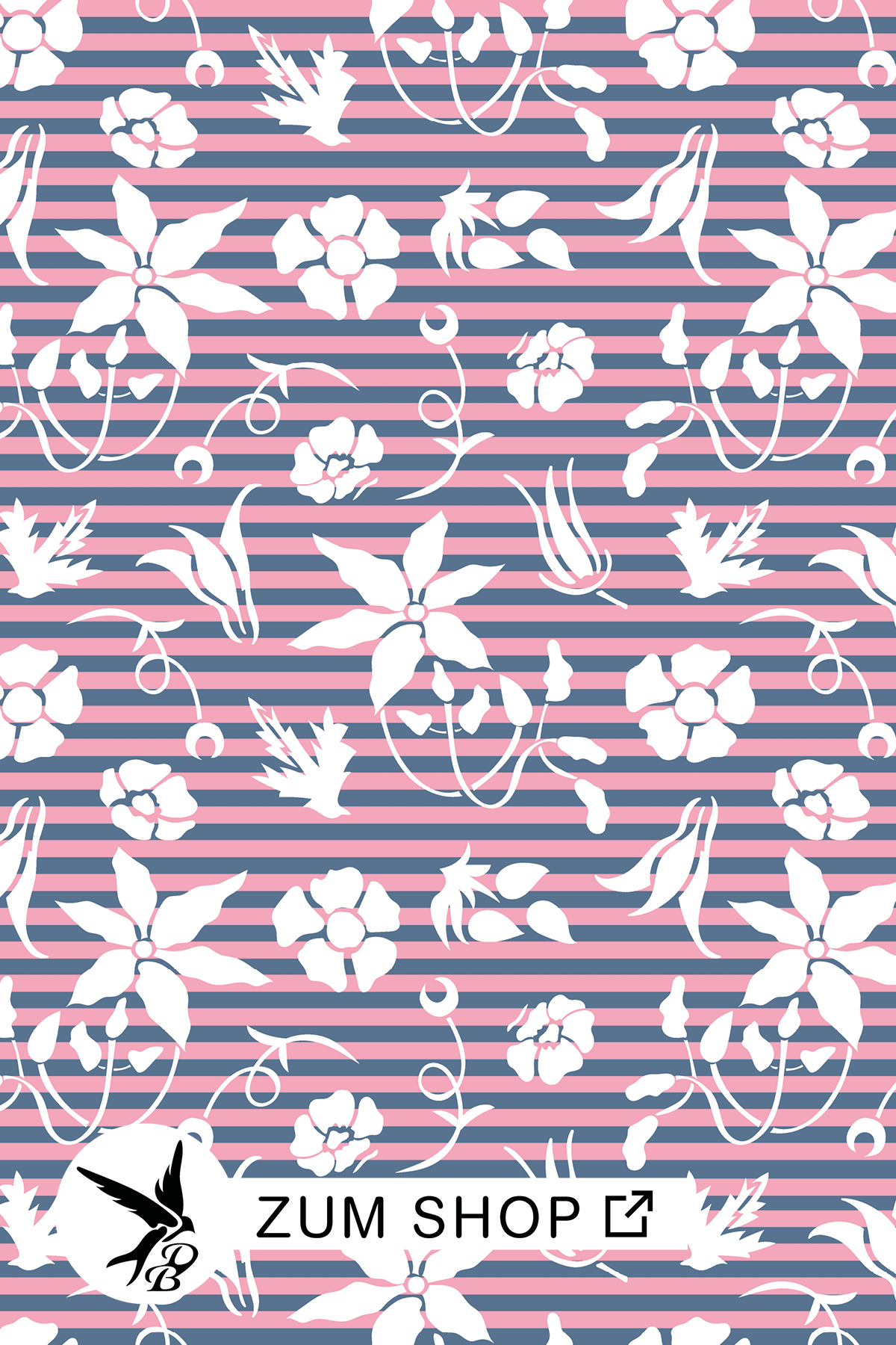 Stoff mit Streifen und Blüten als Muster in den Pastellfarben Rosa, Blau und Weiss