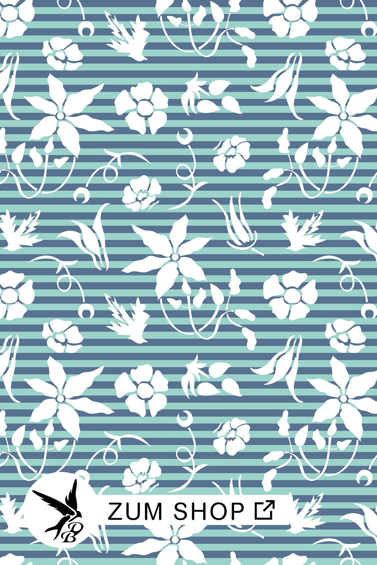 Stoff mit Streifen und Blüten als Muster in den Pastellfarben Grün, Blau und Weiss