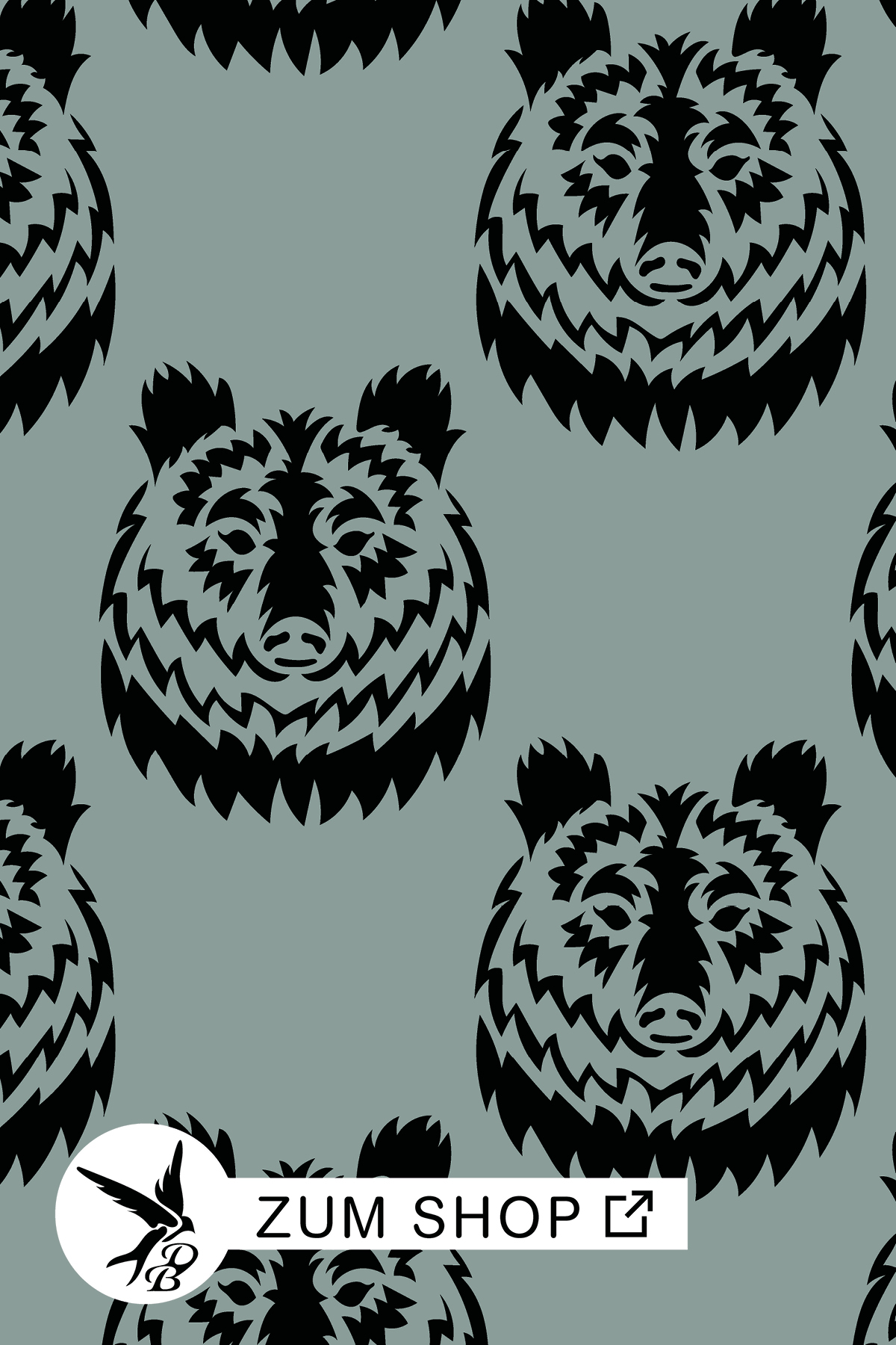 Great-Bear-Baer-Stoff-gruen Stoffdesign mit einem großen Bärenkopf auf grünem Hintergrund