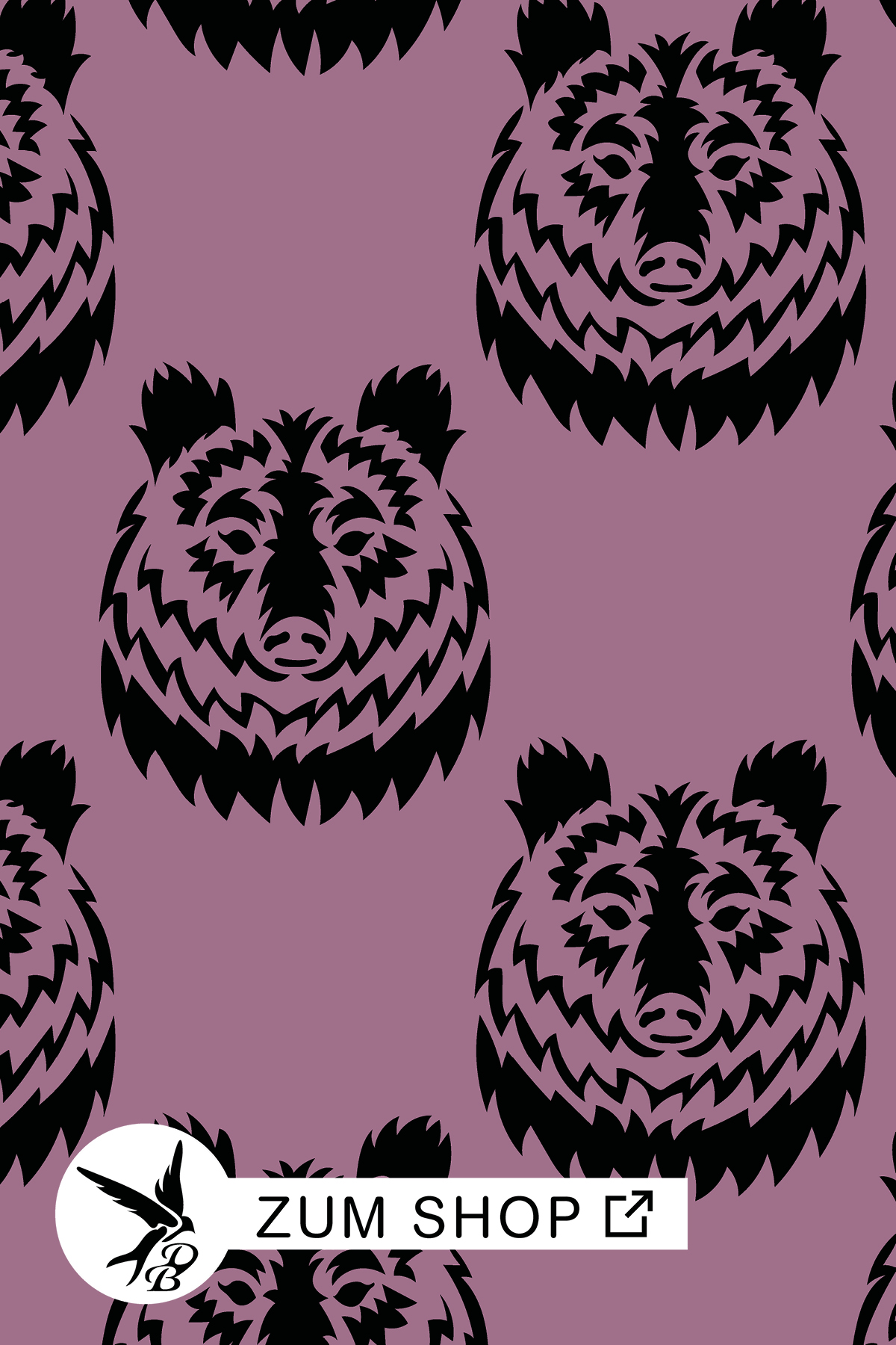 Great-Bear-Baer-Stoff-lila Stoffdesign mit einem großen Bärenkopf auf einem lila Hintergrund