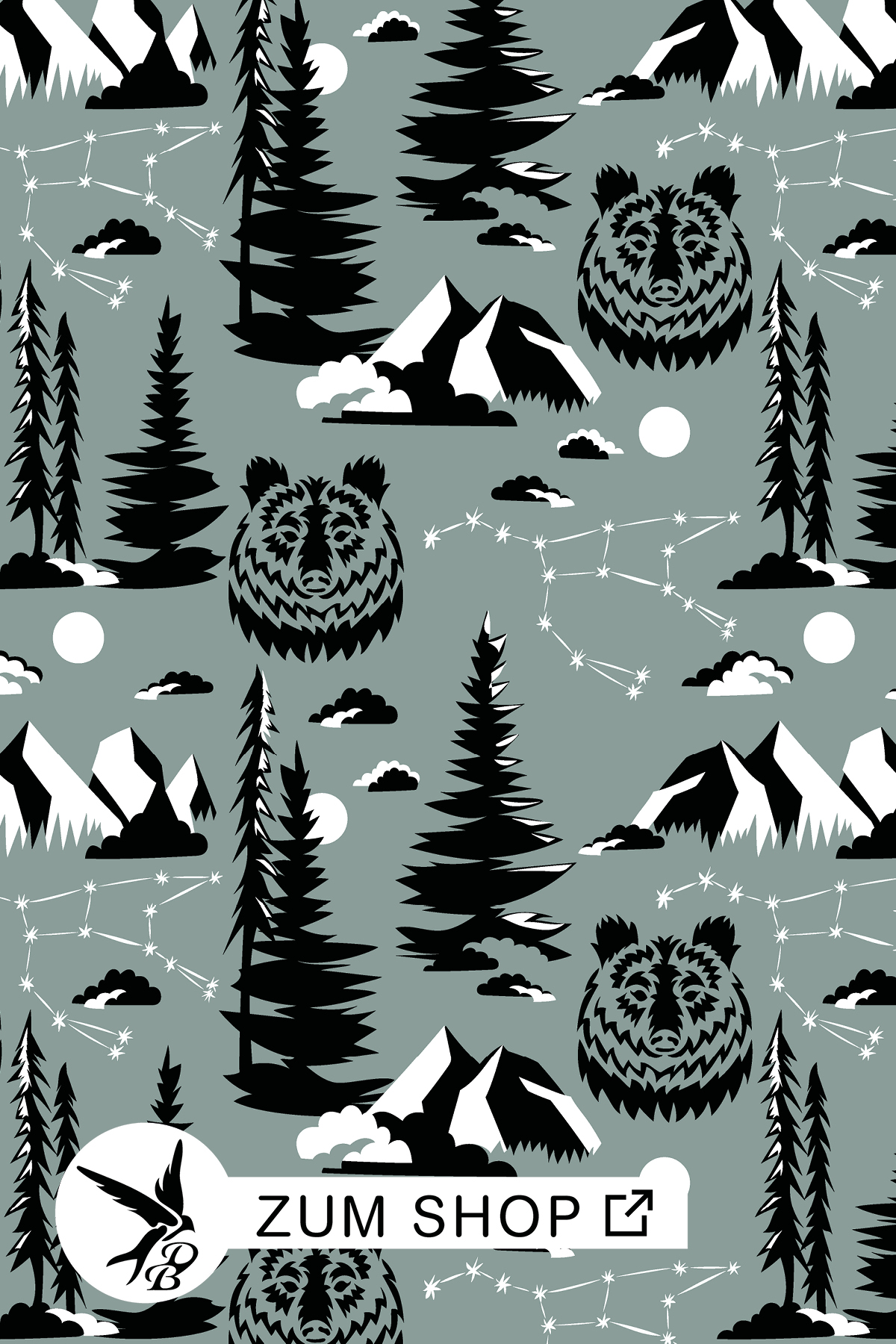 Great-Bear-Stoff-Wald-gruen Great Bear Stoffdesign von Daniela Bonn. Als Motive auf grünem Grund, Sternbild der große Bär, Bärenkopf, Berge, Wald, Wolken und der Mond