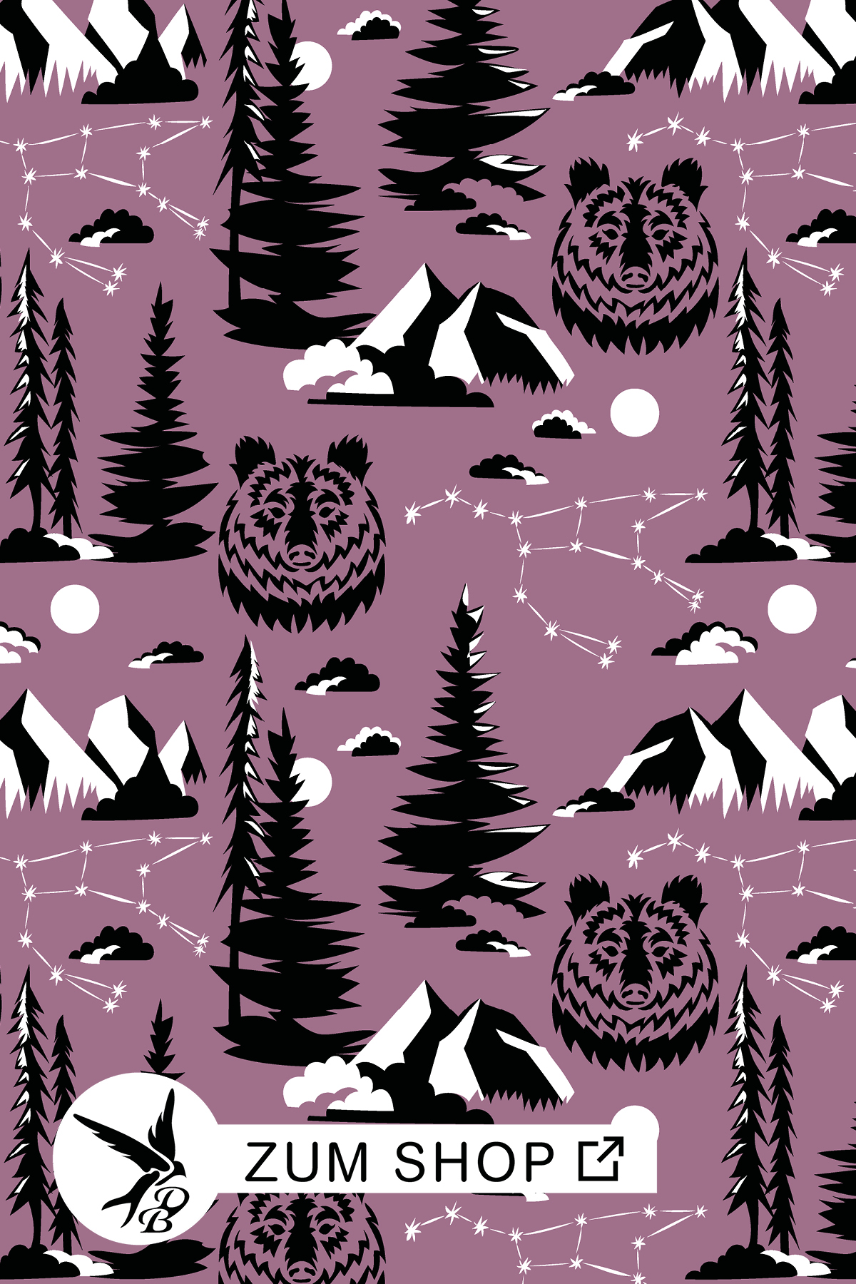 Great-Bear-Stoff-Wald-lila Great Bear Stoffdesign von Daniela Bonn. Als Motive auf lila Grund, Sternbild der große Bär, Bärenkopf, Berge, Wald, Wolken und der Mond