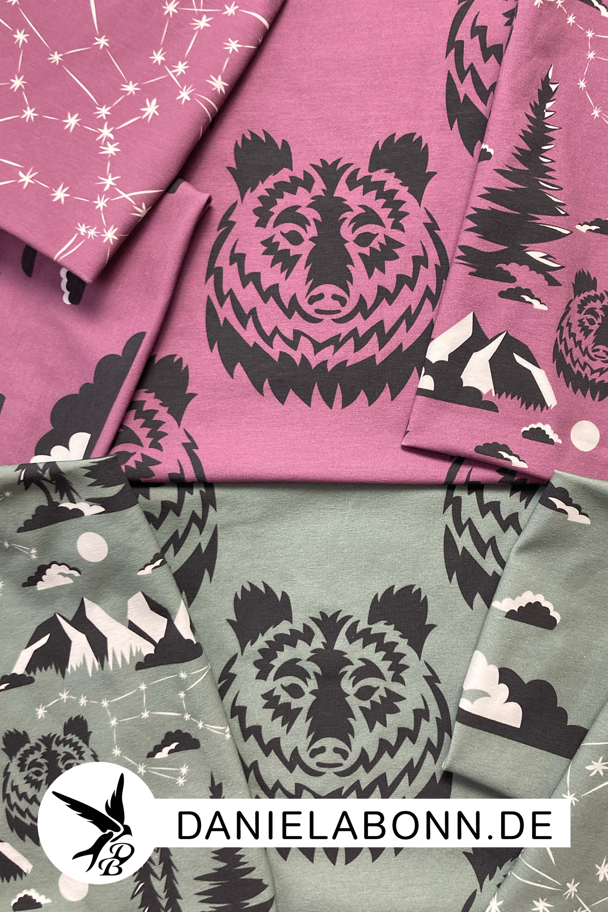 Great-Bear-Stoffkollektion-Jersey-Foto Stoffkollektion Great Bear in zwei Farbvarianten Lila und Grün