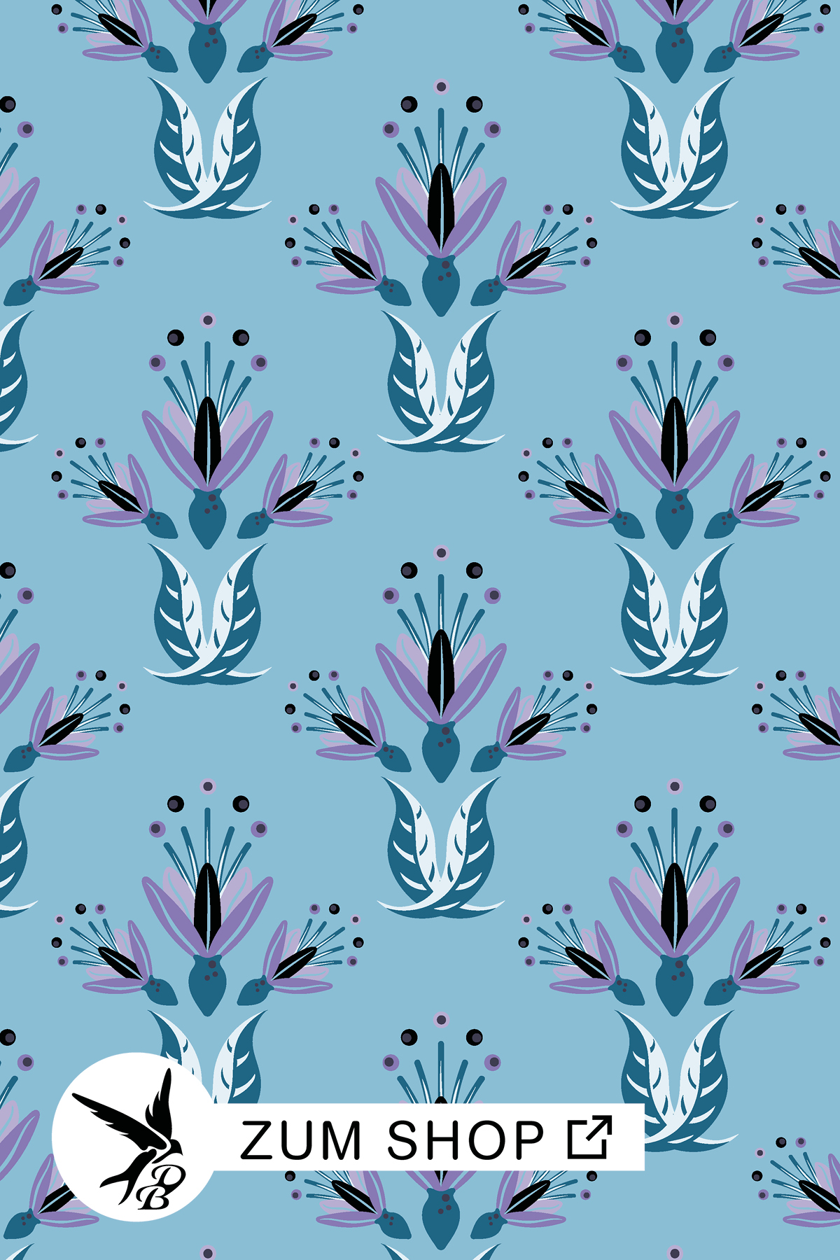 Shadow Glow Stoff mit symmetrischen Blumen in Türkis, Lila, Blau und dunklen Akzenten – harmonisch und zeitlos schön.