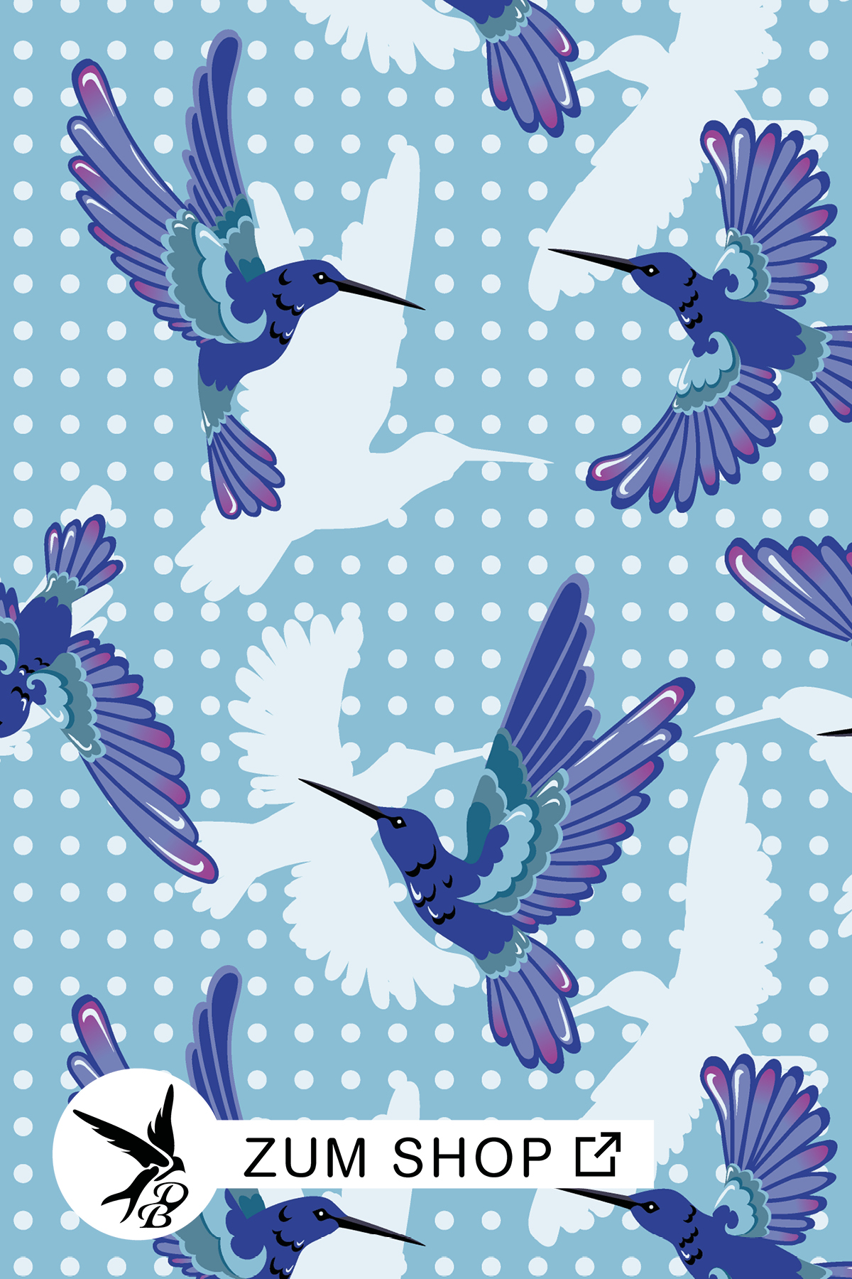 Shadow Glow Stoff mit Kolibris, hellen Schatten und Punkten – ein verspieltes Design mit sanften Farbverläufen.