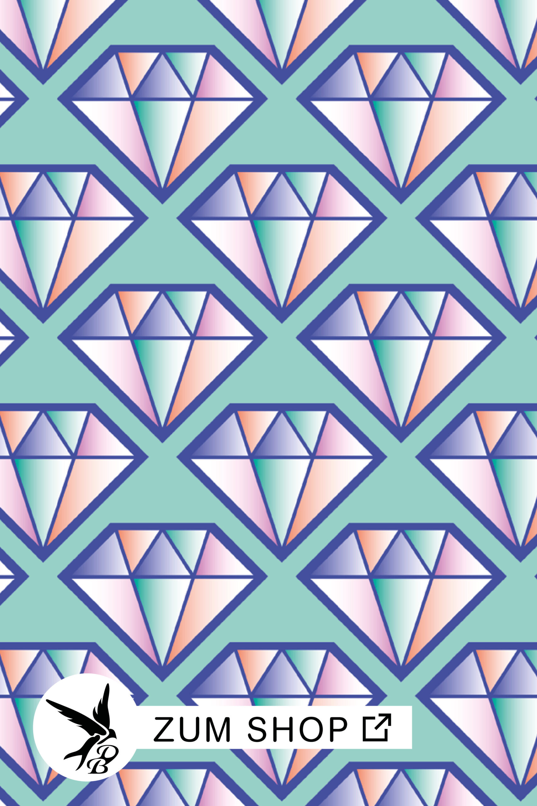 Prism-Glow-Stoffkollektion-Diamant-Gruen-Daniela-Bonn Stoffdesign Prism Glow mit Diamanten im Farbverlauf und auf grünem Grund