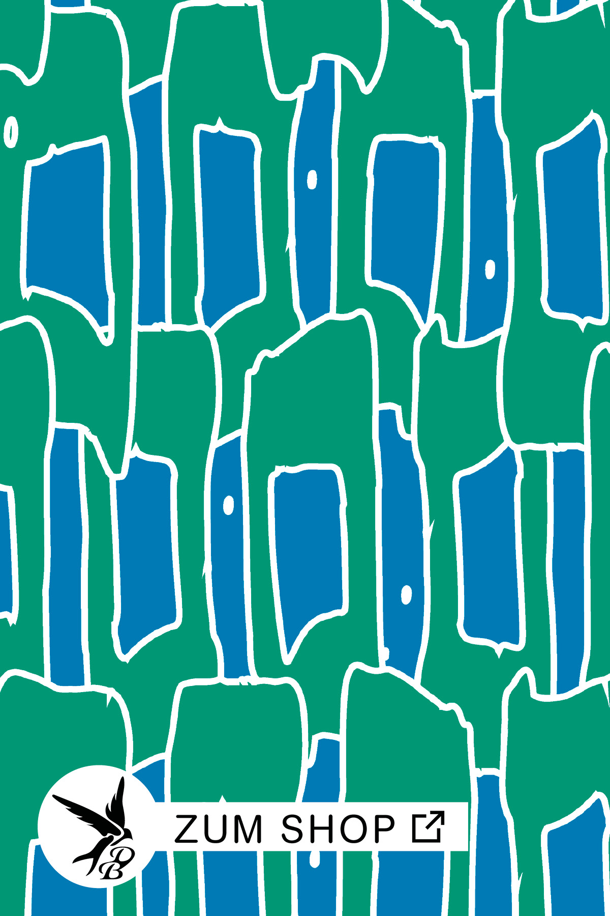 Stoffdesign mit abstrakten Karos in den Farben Grün, Blau und Weiss