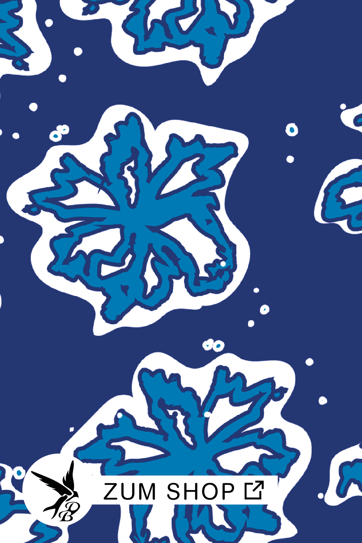 Stoff zum Nähen mit großen abstrakten Blumen in einem leuchtenden Weiss und Blau