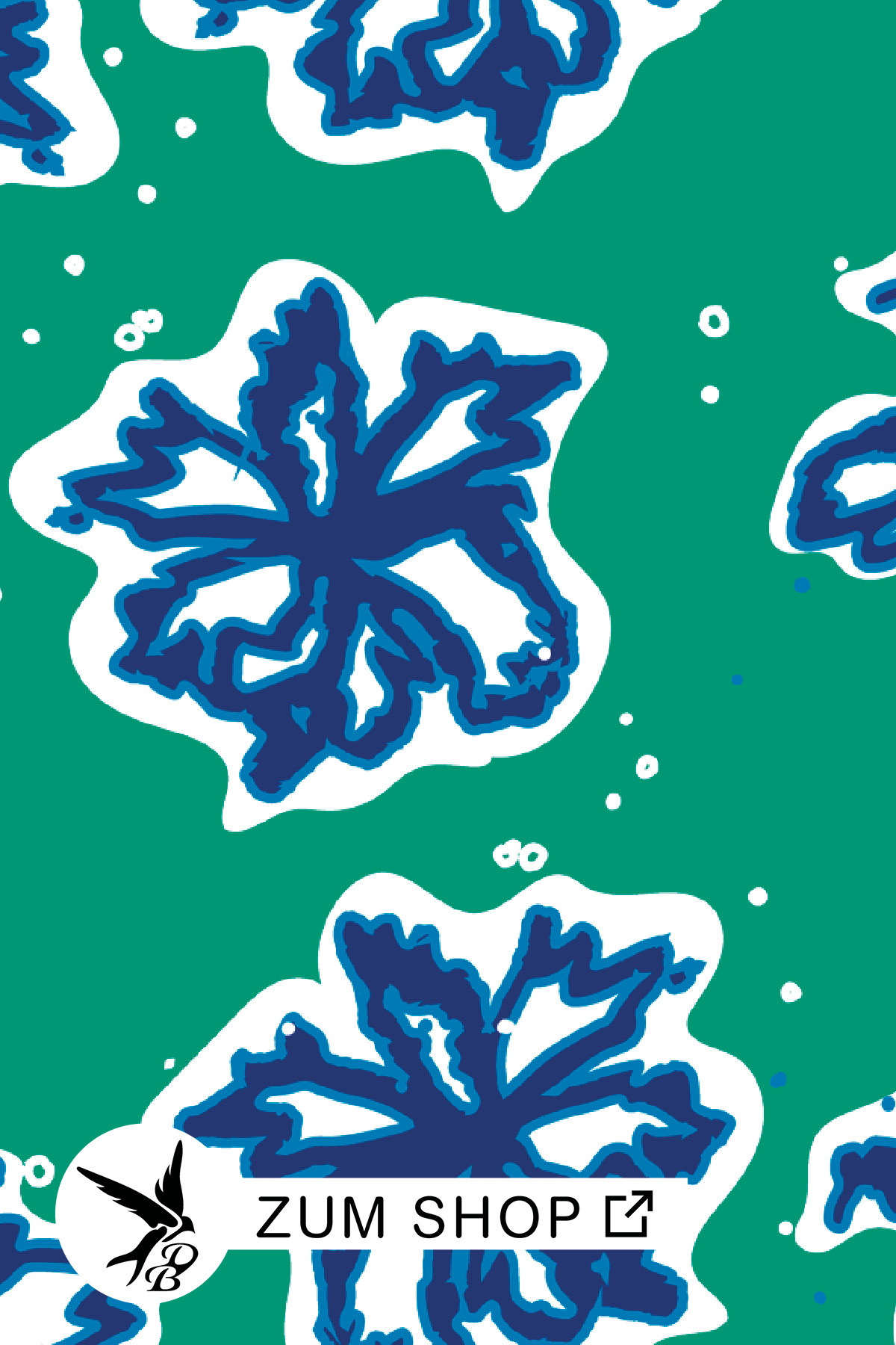 Stoff zum Nähen mit großen abstrakten Blumen in einem leuchtenden Grün, Weiss und Blau