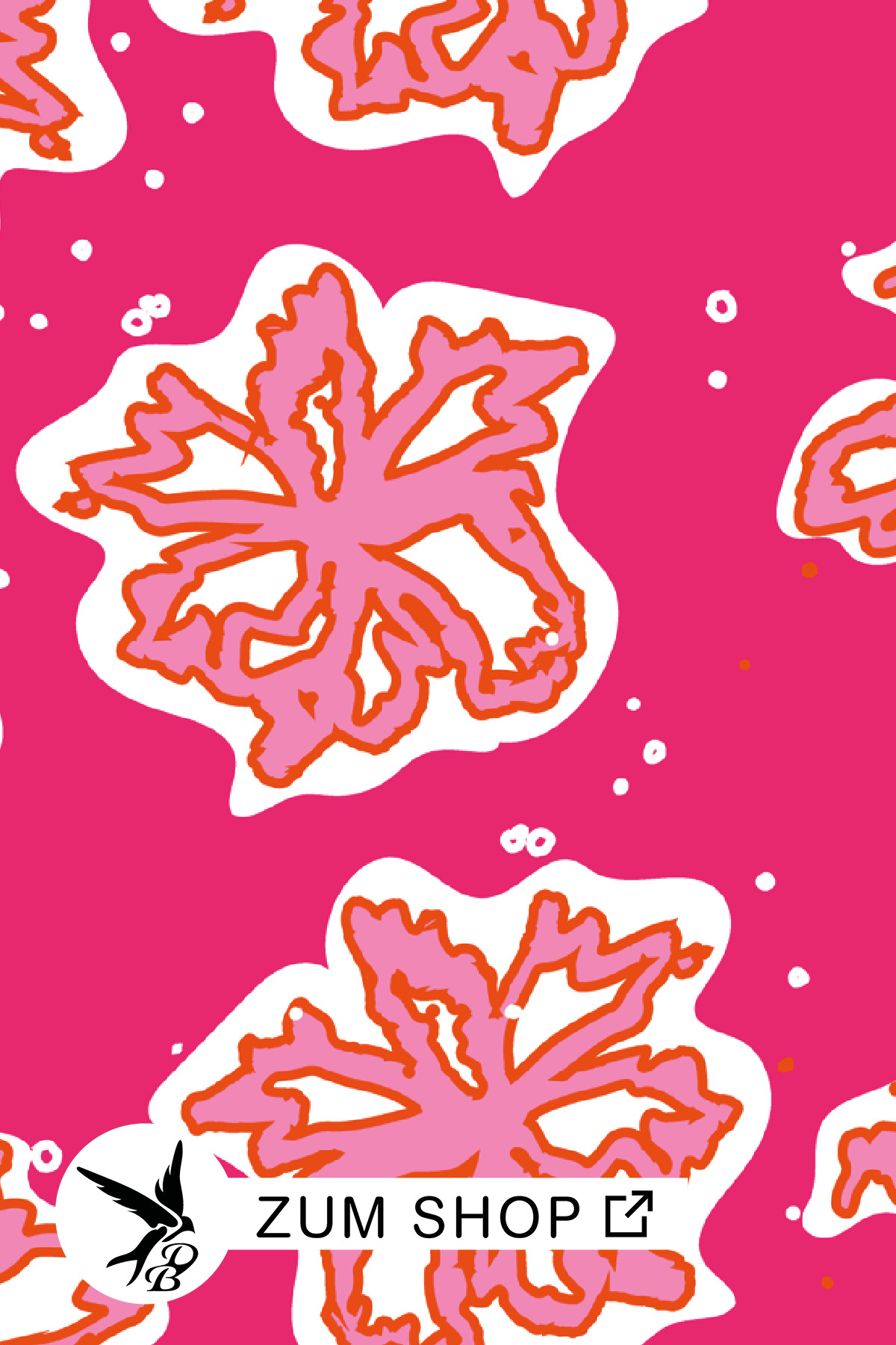 Stoff zum Nähen mit großen abstrakten Blumen in einem leuchtenden Pink, Weiss und Orange 