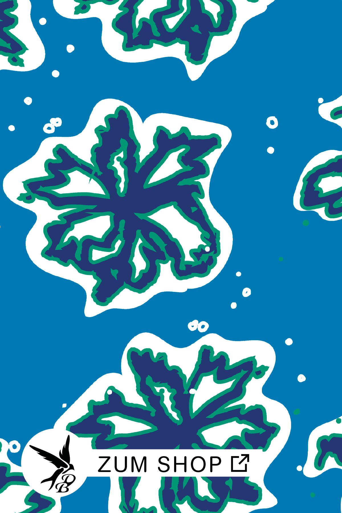 Stoff zum Nähen mit großen abstrakten Blumen in einem leuchtenden Weiss, Grün und Blau