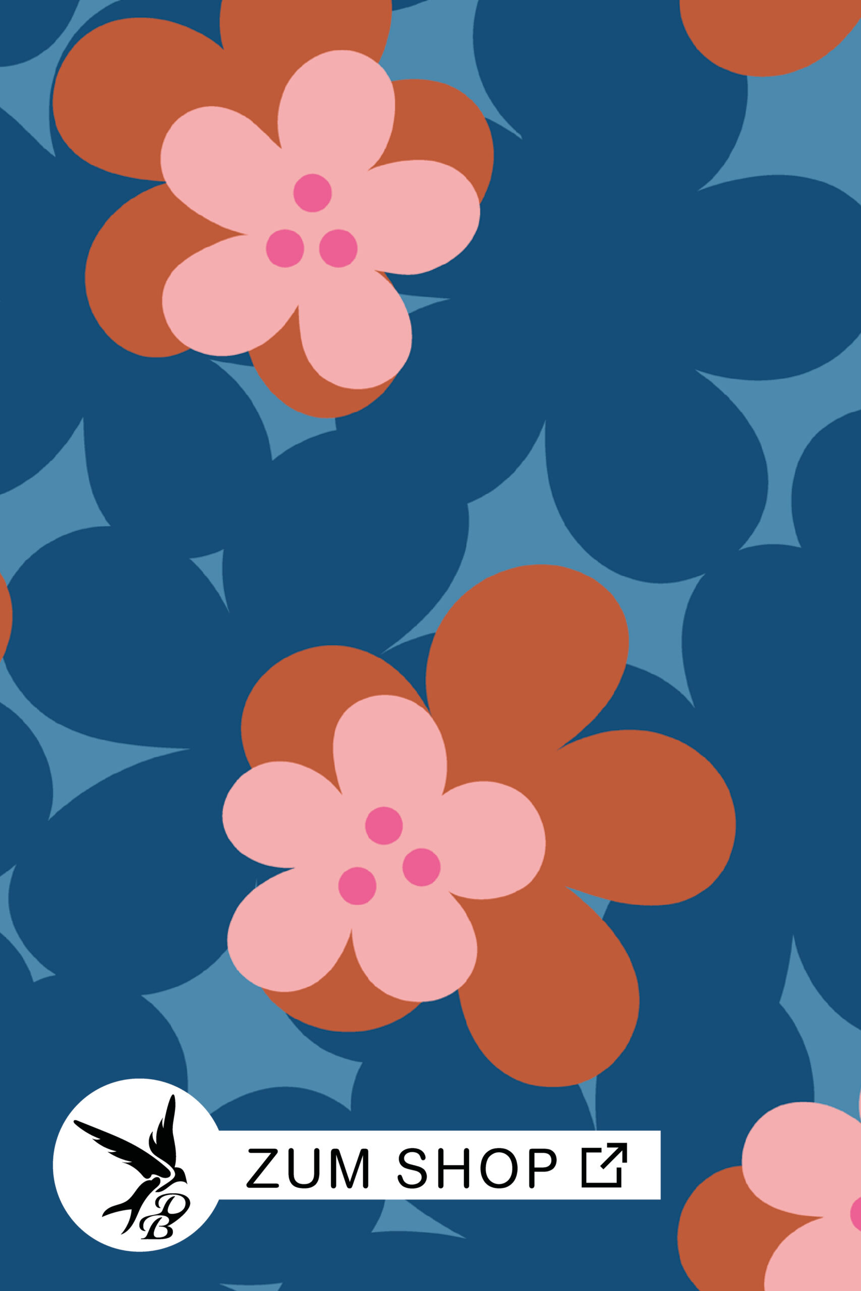 Stoff mit einem großen Blumenmuster in den Farben Blau und Kupfer/ Braun