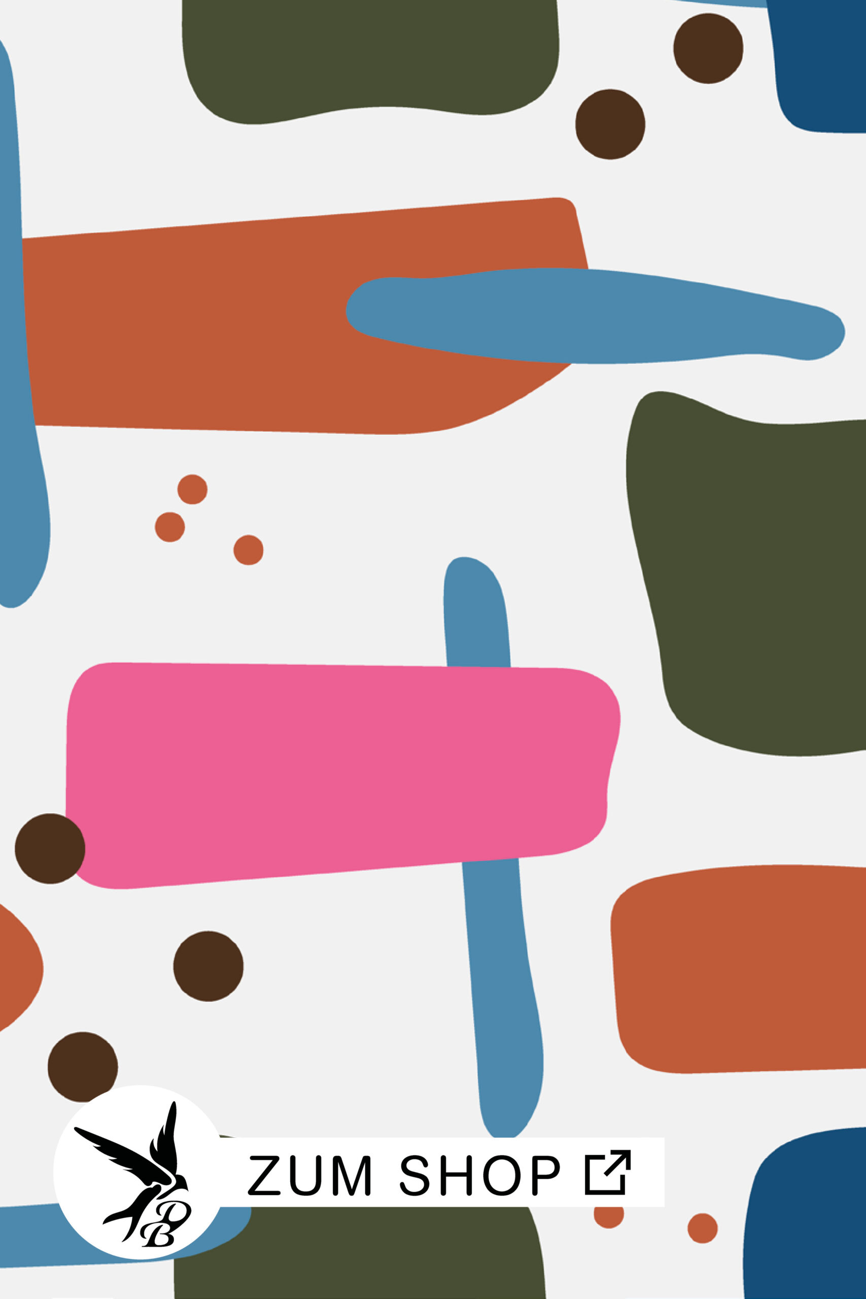 Stoff mit einem asymmetrischen Muster in der Farben Blau, Grün, Kupfer, Pink und Weiß