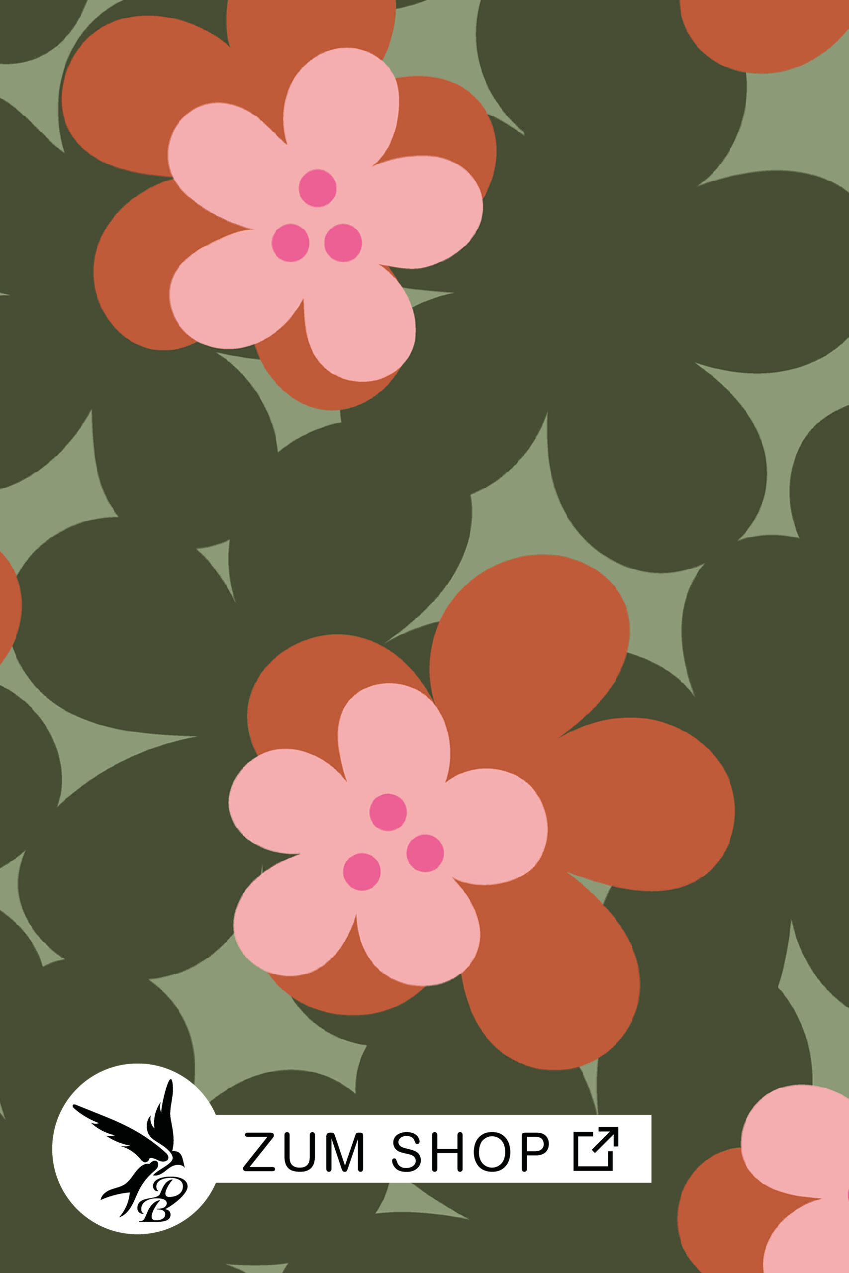 Stoff mit einem großen Blumenmuster in den Farben Grün und Kupfer/ Braun